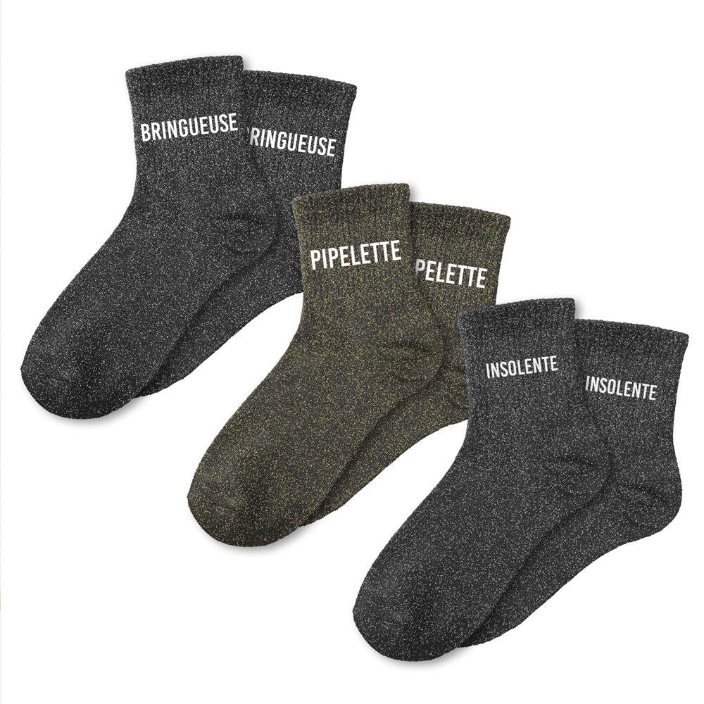 Coffret trio - Chaussettes à Paillettes - Bringueuse - Pipelette - Insolente