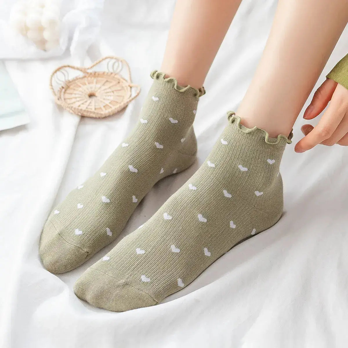 Socquettes Petits Cœurs Dentelle - Vert