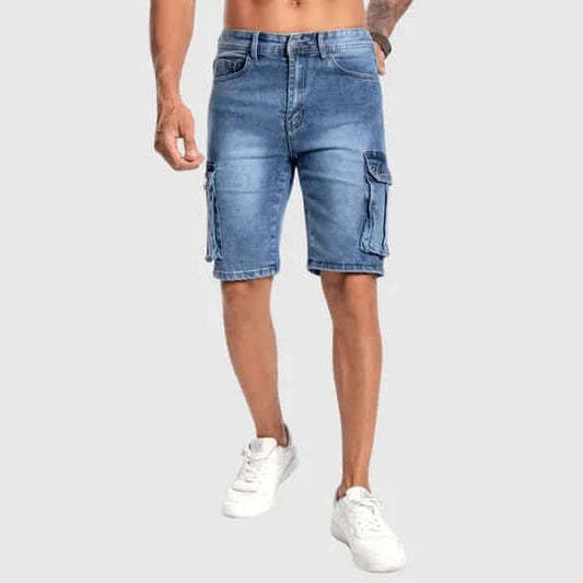 Men's Mid-Length Denim Cargo Shorts with Multiple Pockets – coloris Denim blue