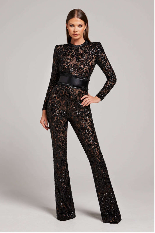 Combinaison dentelle long manches ajustée – coloris Noir