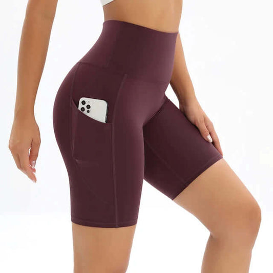 Women's High-Waisted Fitness Shorts with Pocket – coloris Burgundy