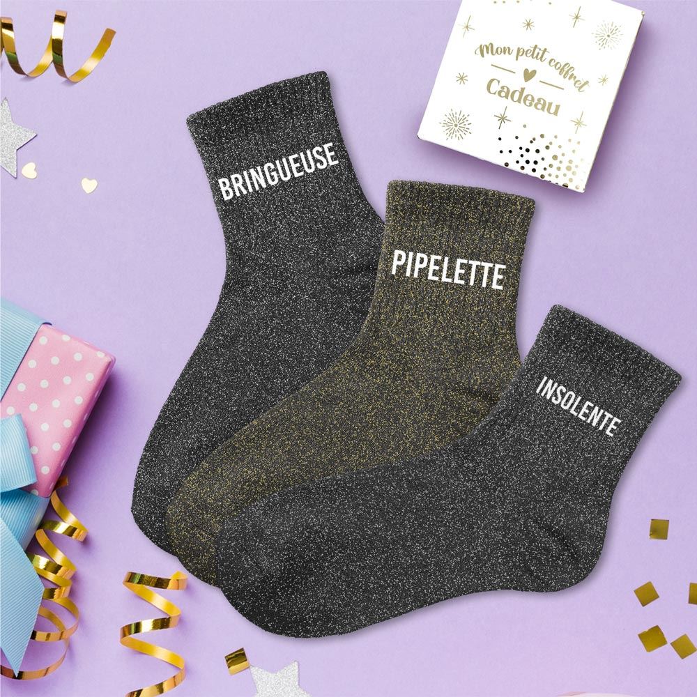 Coffret trio - Chaussettes à Paillettes - Bringueuse - Pipelette - Insolente