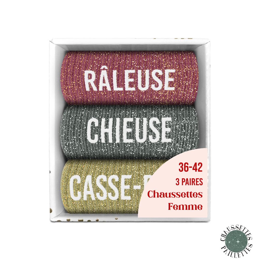 Coffret trio - Chaussettes à Paillettes - Râleuse - Chieuse - Casse Pied
