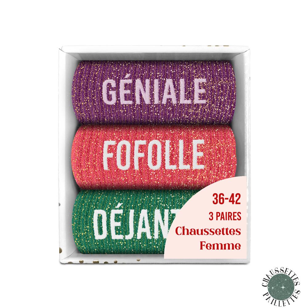 Coffret trio - Chaussettes à Paillettes - Géniale - Fofolle - Déjantée