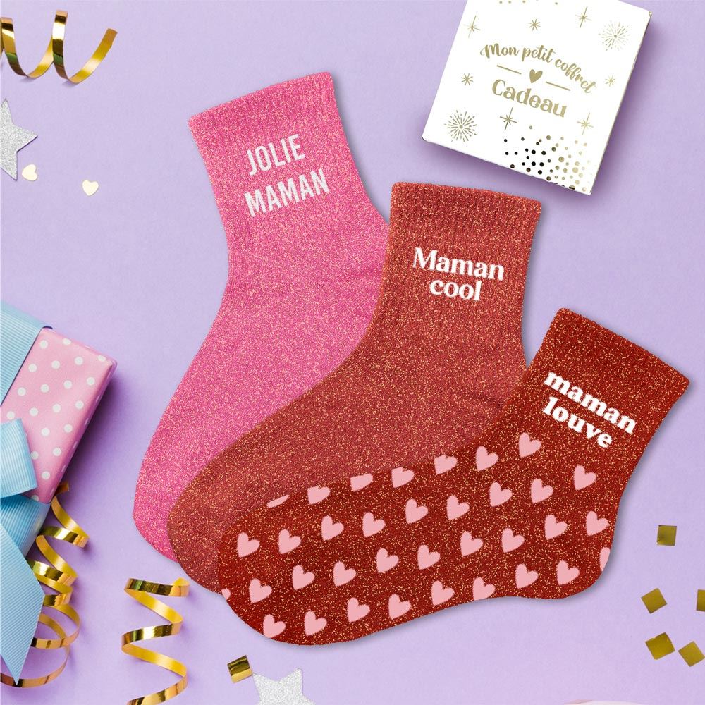 Coffret trio - Chaussettes à Paillettes - Jolie Maman - Maman Cool - Maman Louve