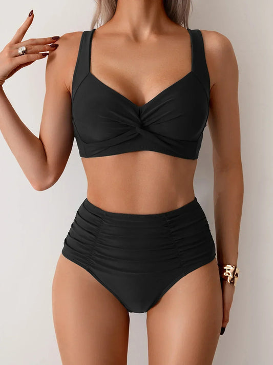 Women's High-Waist Bikini Set with Ruched Bottoms