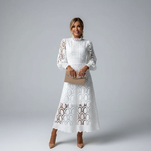 Women's Élégant Lace Midi Dress - Long Sleeve High Neck