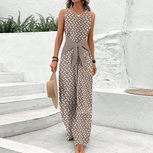 Women's Sleeveless V-Neck Jumpsuit with Adjustable Waist – coloris Brown