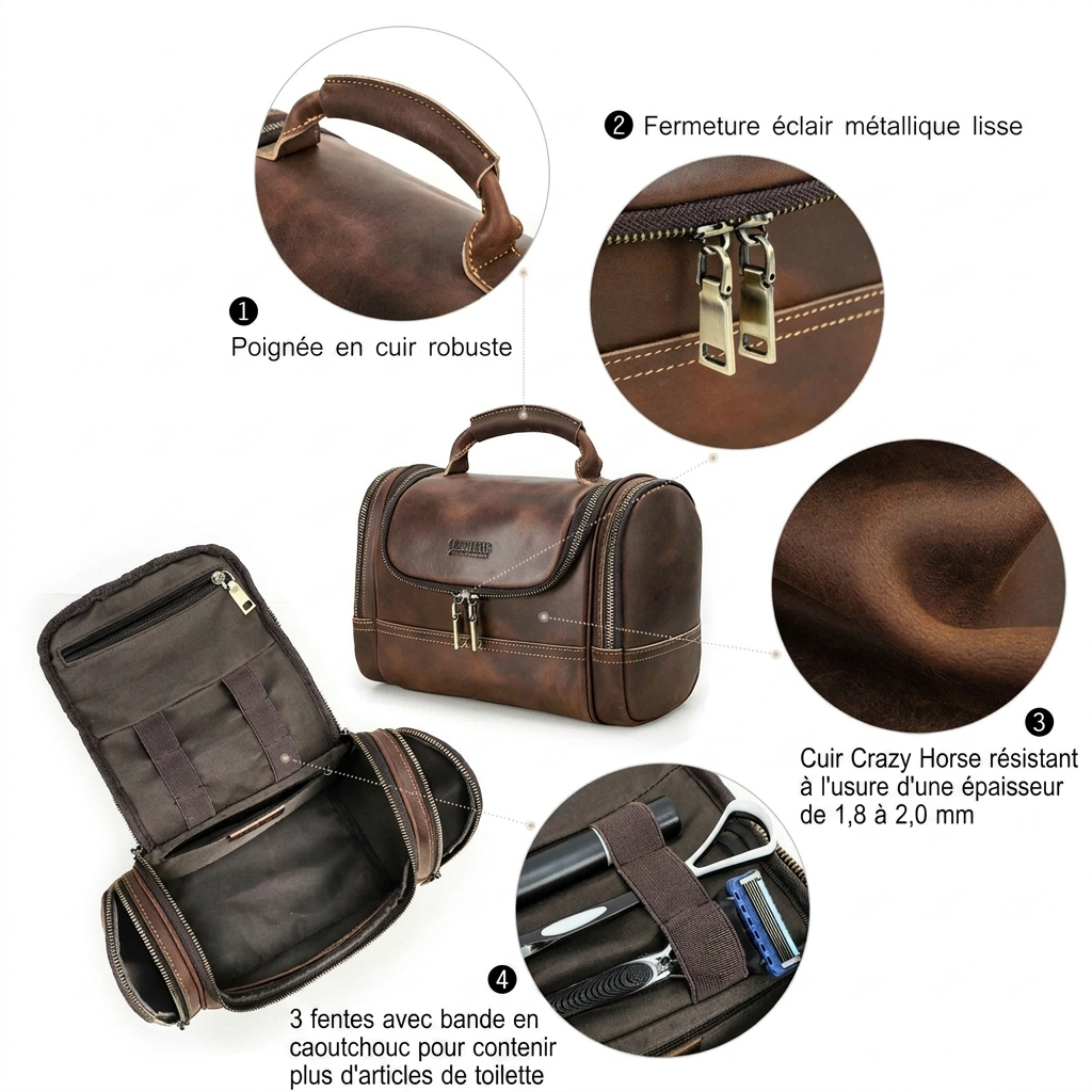 PROTEUS - Trousse de Toilette Cuir Véritable Vintage