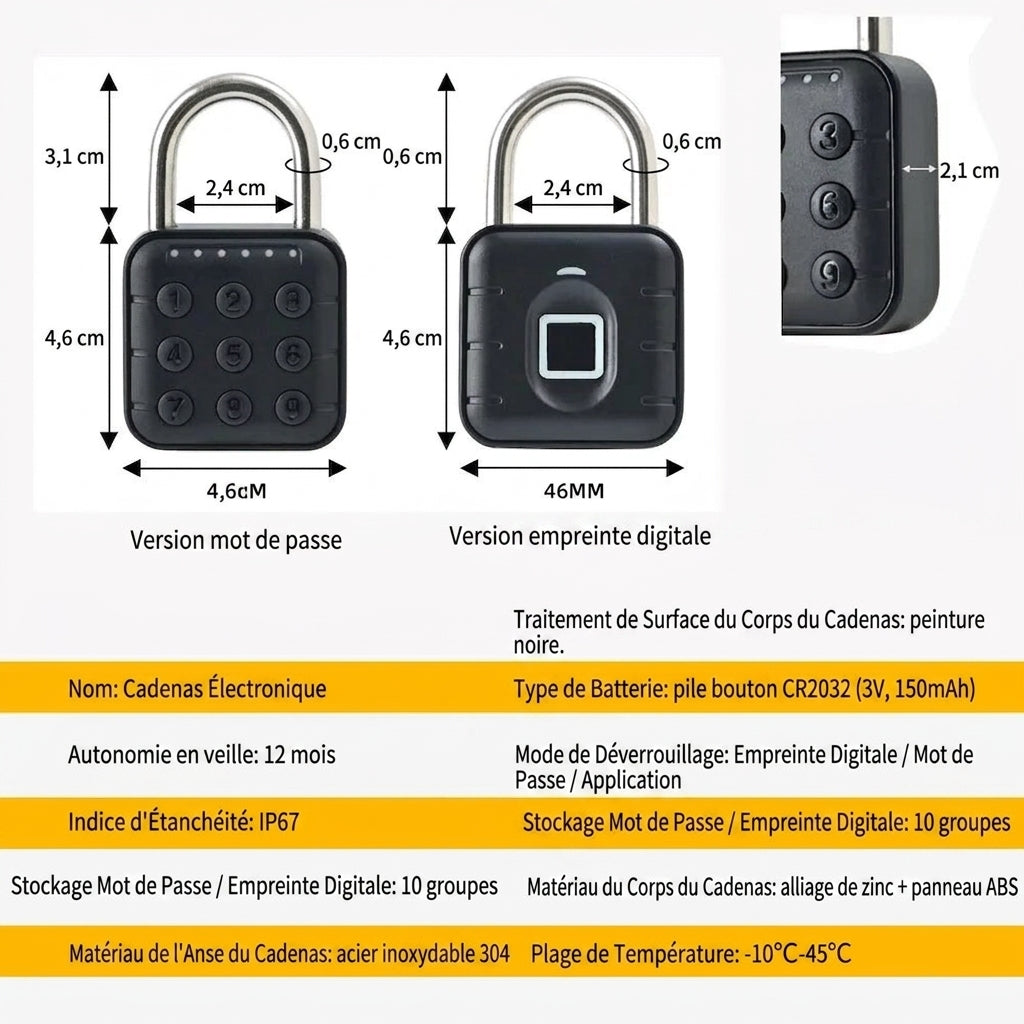 Zéphyr - Cadenas Connecté Bluetooth à Empreinte Digitale