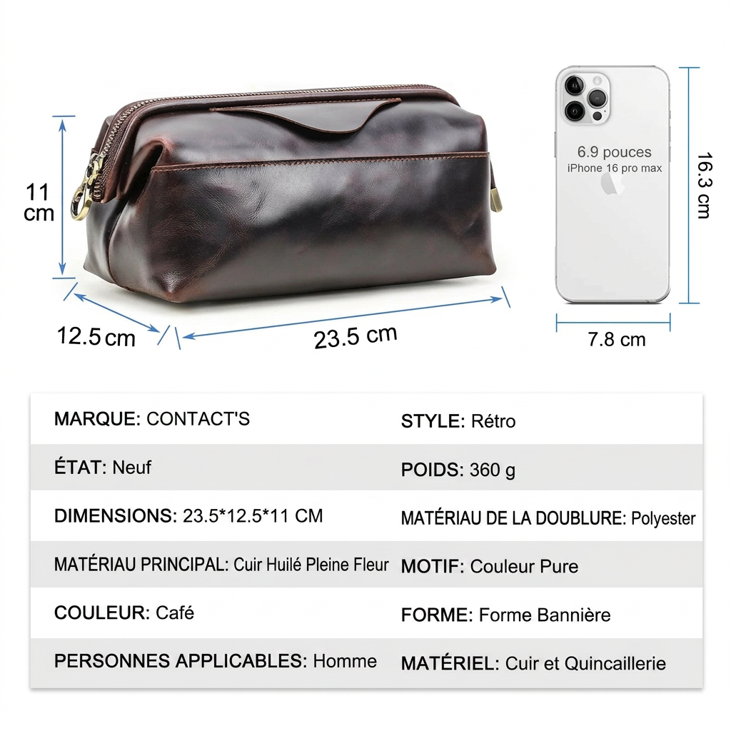 Zéphyr - Pochette de Rangement Câbles en Cuir Véritable