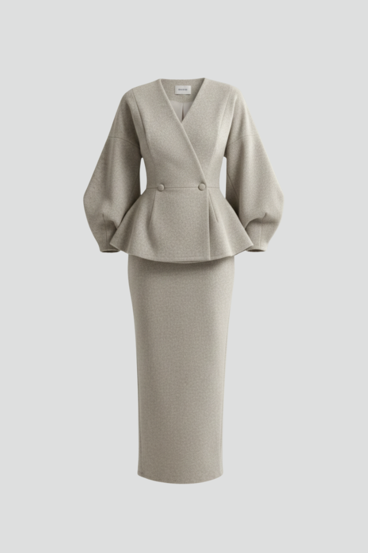 Ensemble Coordonné Élégant Femme, manches bouffantes, mi-longue