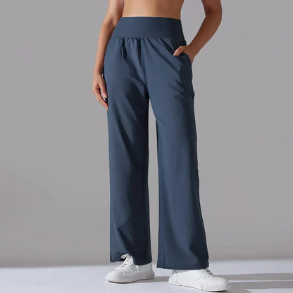 Pantalon Femme, taille haute, jambe large – Bleu
