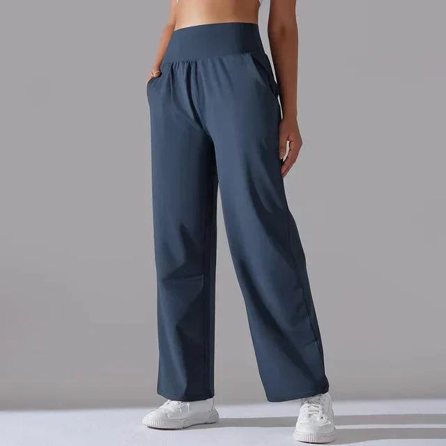 Pantalon Femme, taille haute, jambe large – Bleu